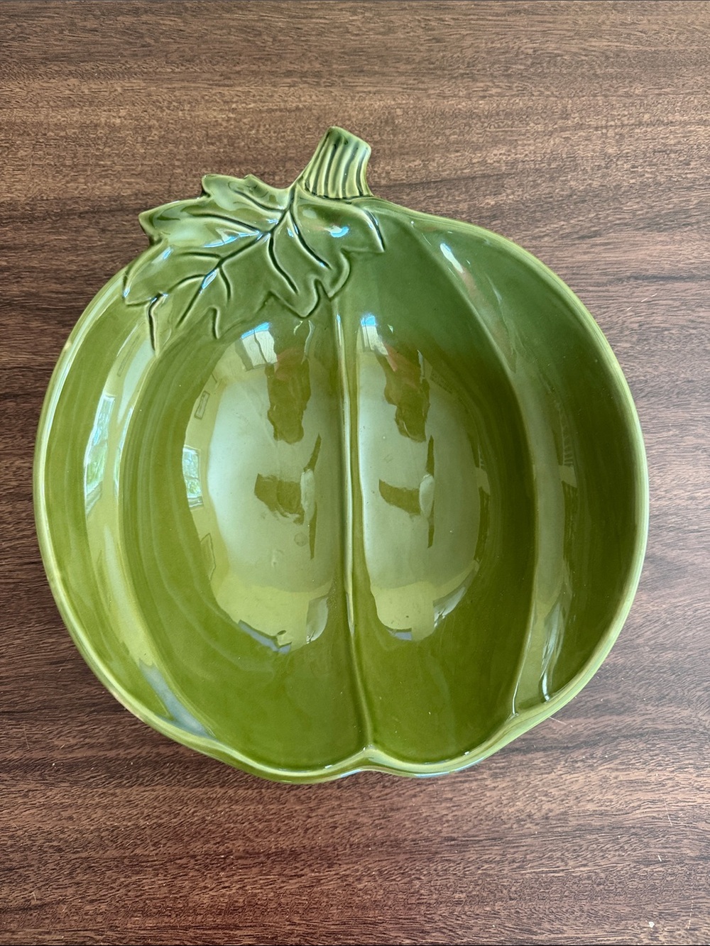 Green Ceramic Pumpkin Serving Dish - Leaf Accent